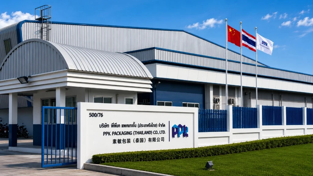 PPK Packaging (Thailand) Co., Ltd. — Rayong facility entrance with Chinese, Thai and PPK flags